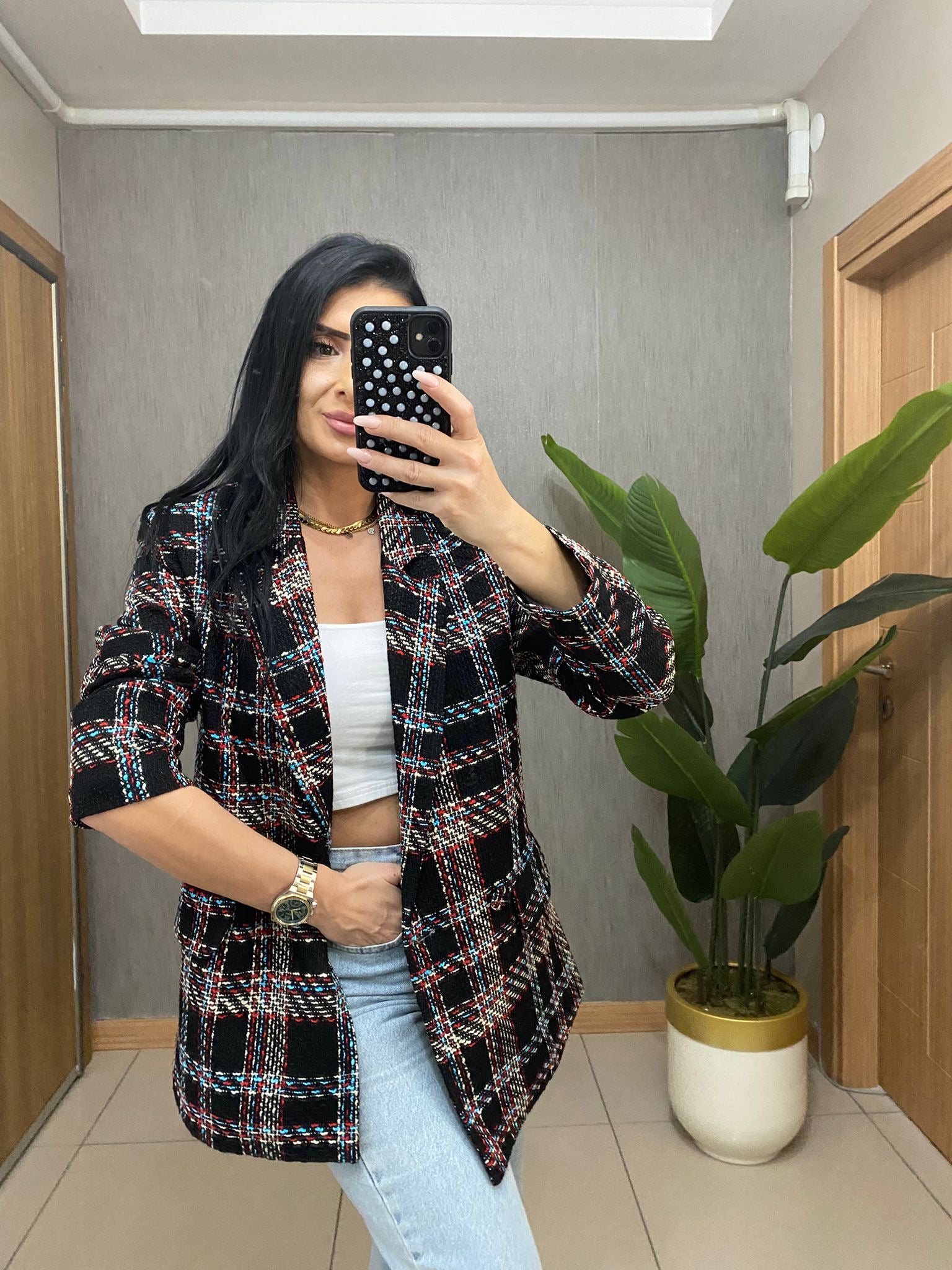 Siyah Renk Kırmızı Mavi çizgili Blazer Ceket