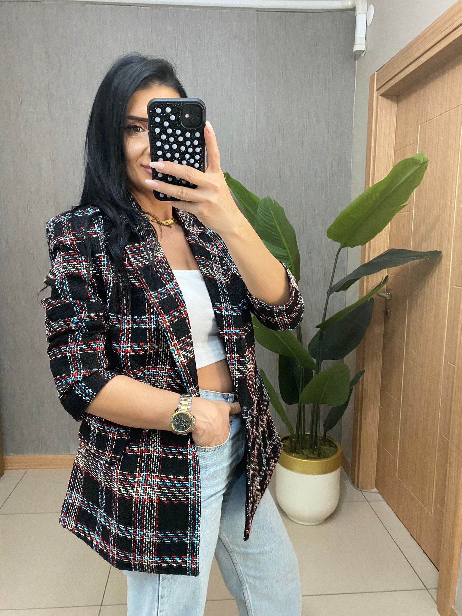 Siyah Renk Kırmızı Mavi çizgili Blazer Ceket